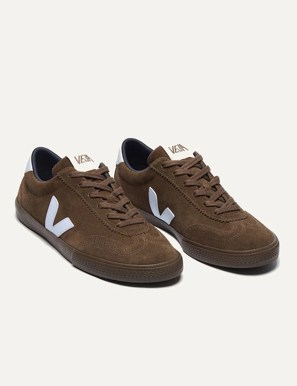 VEJA women's Volley brown suede sneakers with light blue V logo, matching heel tabs, brown laces and dark brown rubber sole angled
