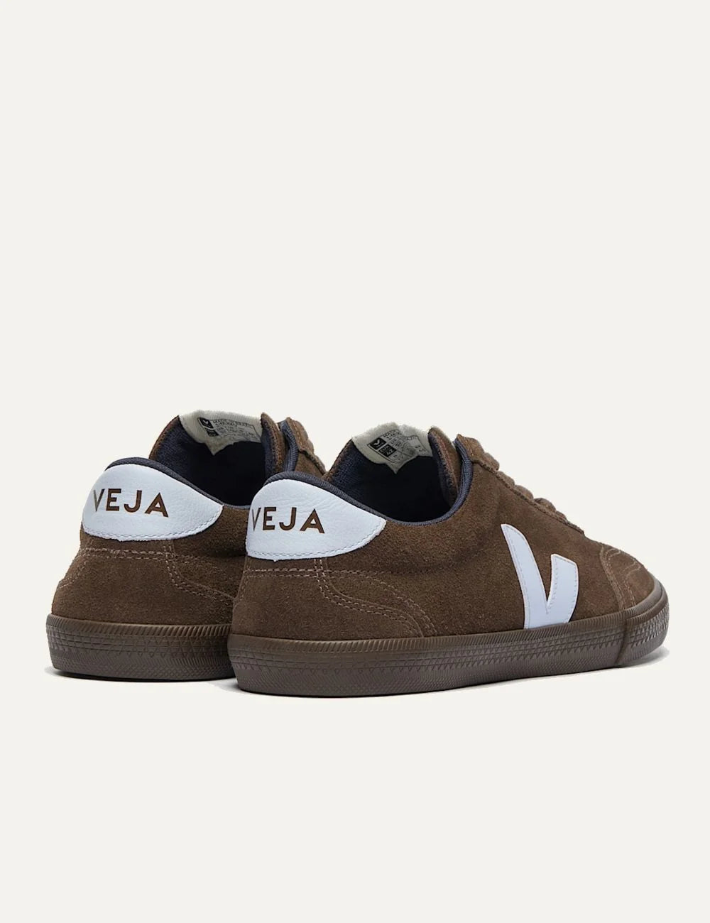 VEJA women's Volley brown suede sneakers with light blue V logo, matching heel tabs, brown laces and dark brown rubber sole back