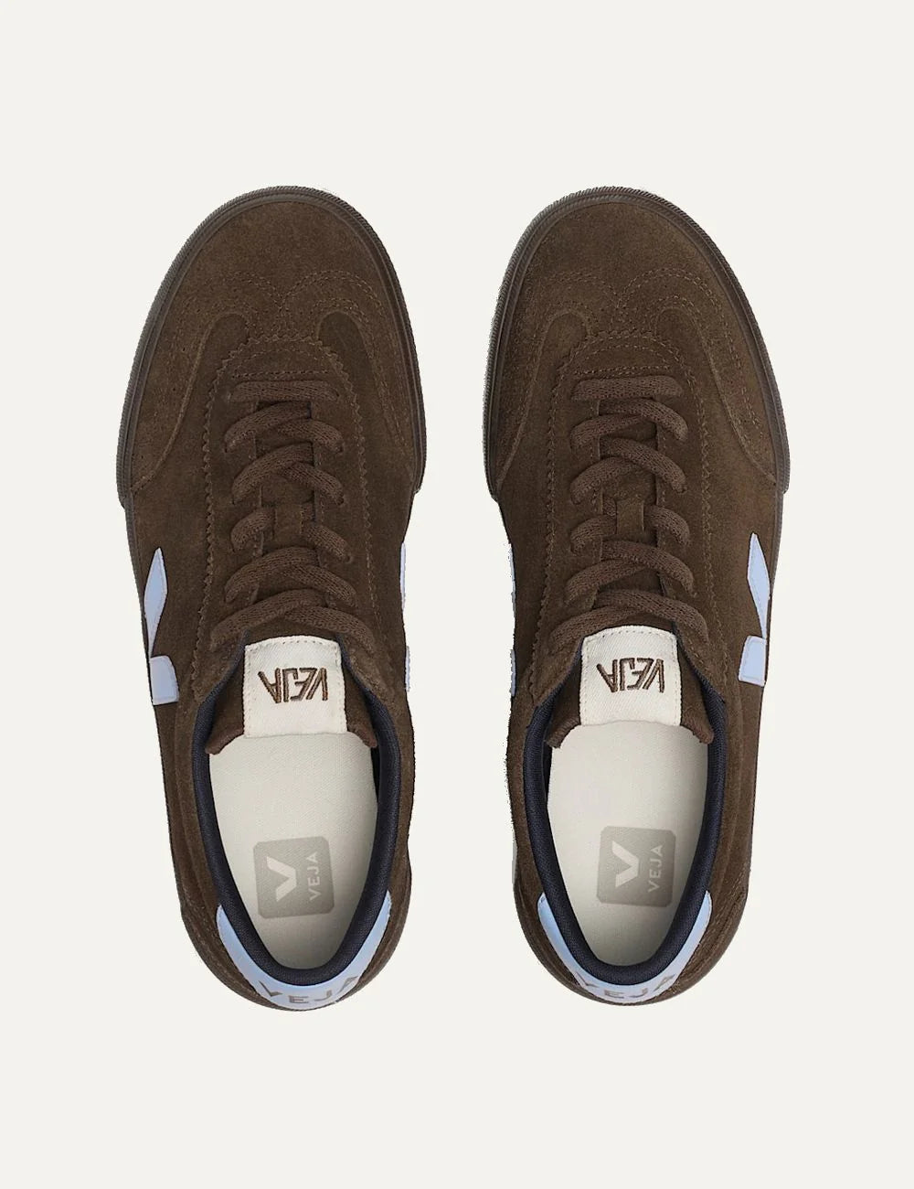VEJA women's Volley brown suede sneakers with light blue V logo, matching heel tabs, brown laces and dark brown rubber sole top