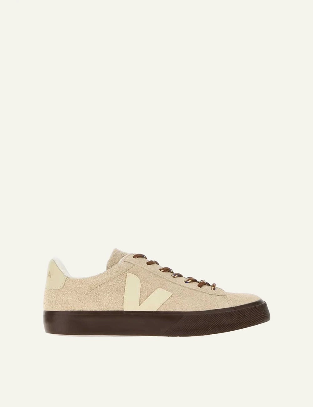 Women's Veja beige suede sneakers with cream V logo and brown sole
