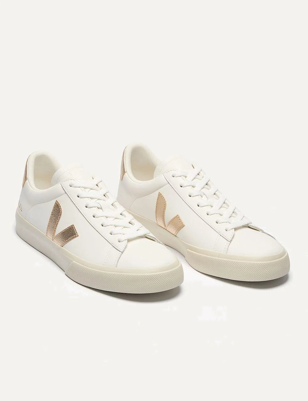 veja campo leather sneakers white gold angled view