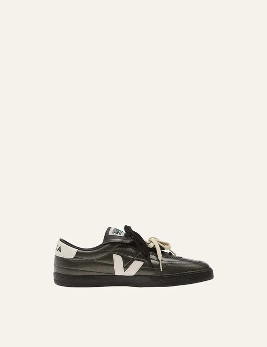 VEJA x Magliano unisex Panenka black leather sneakers with white V logo and folded tongue