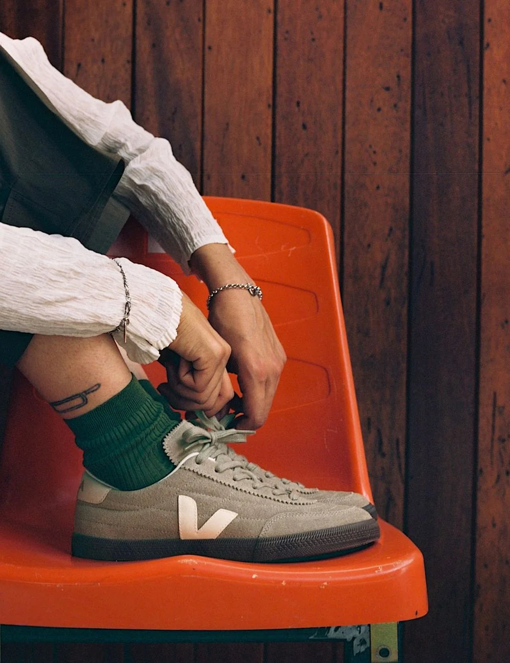 veja panenka suede sneakers beige with gum sole side model view