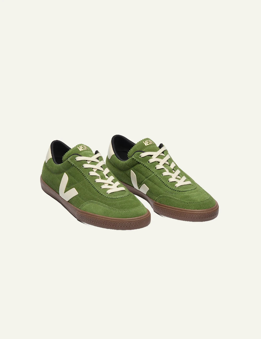 veja panenka suede sneakers green with gum sole angled view