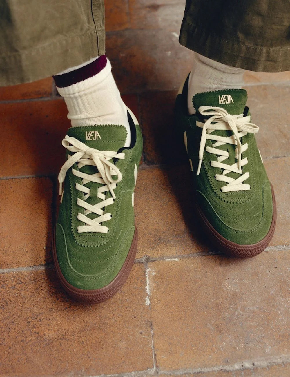 veja panenka suede sneakers green with gum sole top view