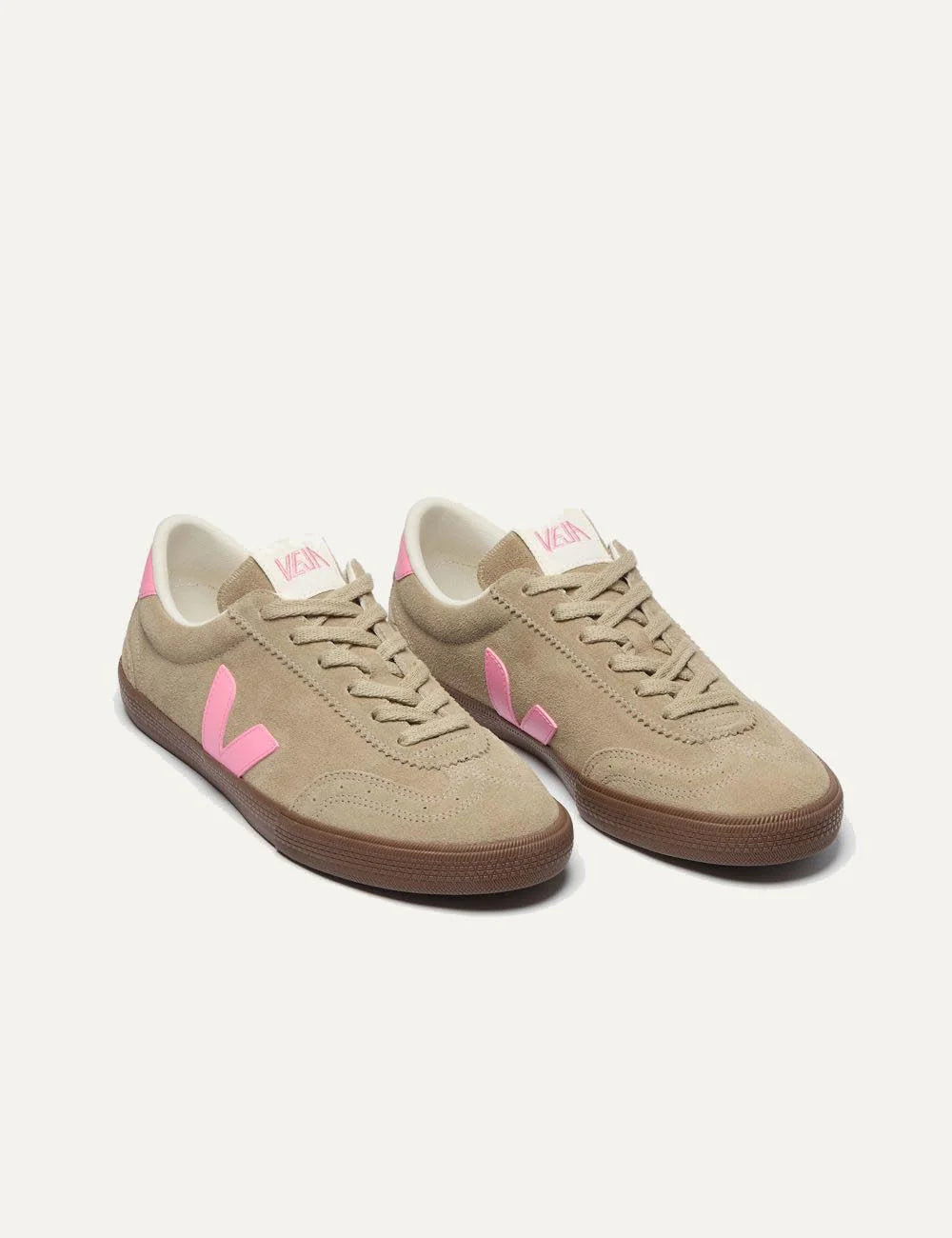 veja suede sneakers beige pink gum front view
