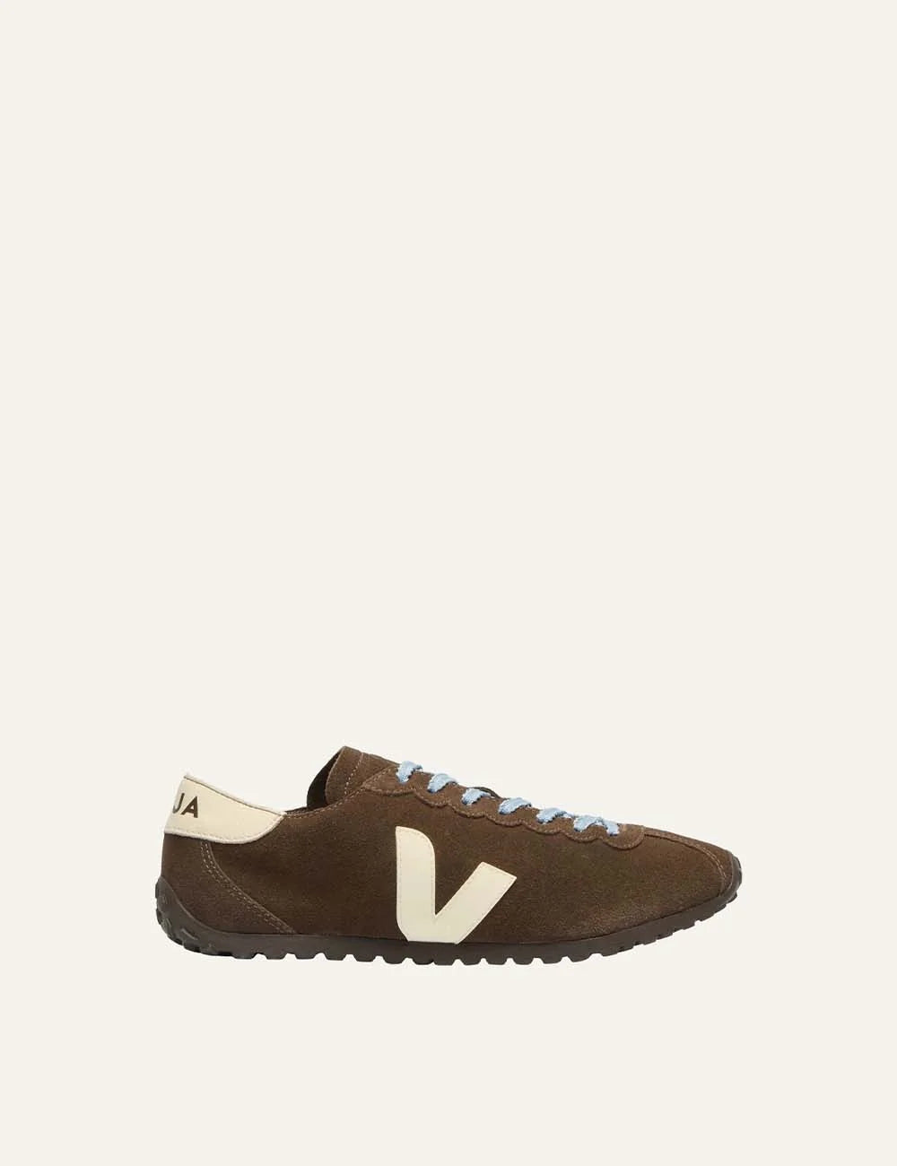 VEJA unisex Cateyes brown suede sneakers with cream V logo and light blue laces