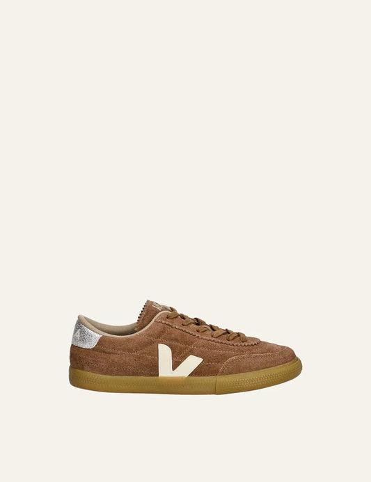 VEJA unisex Panenka brown suede sneakers with cream V logo and silver heel detail