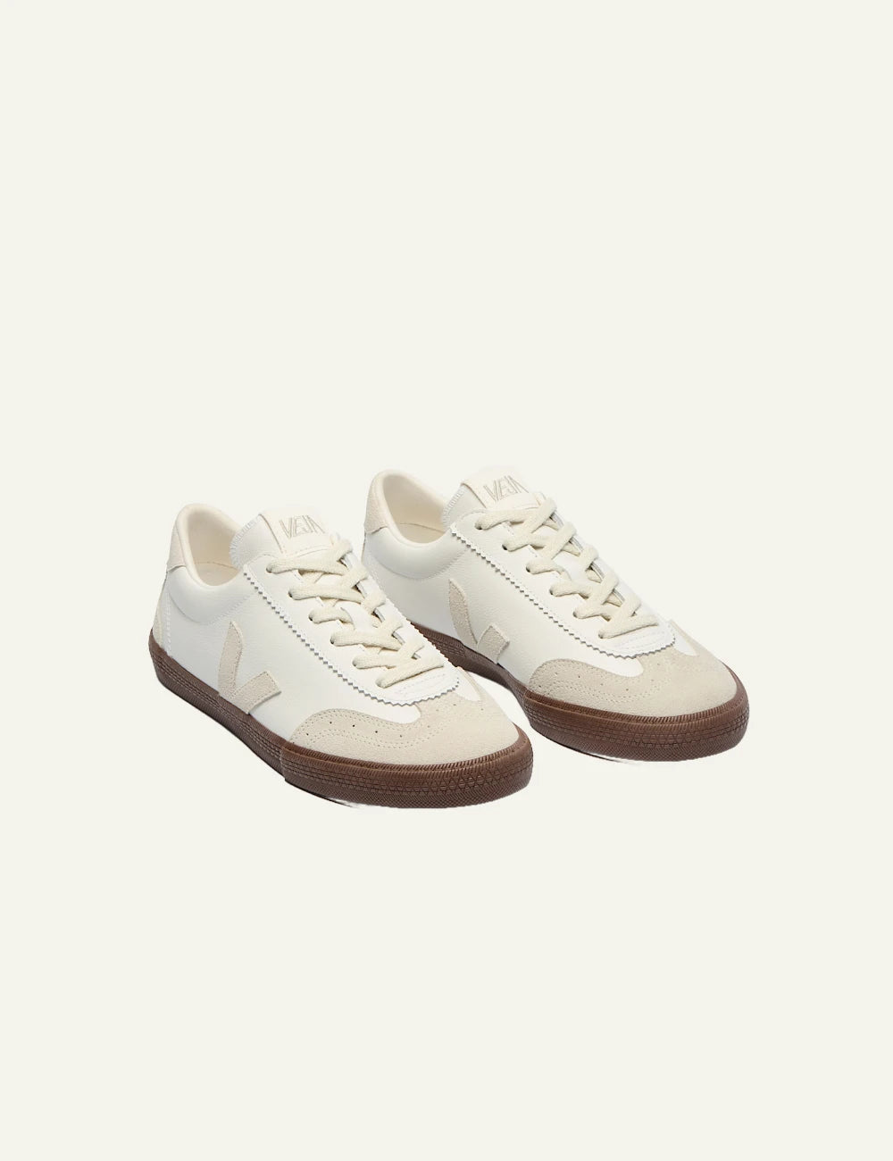 veja volley organic leather sneakers white with gum sole angled view