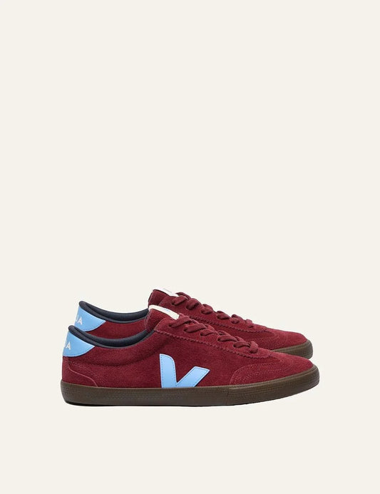 VEJA women's Volley burgundy suede sneakers with light blue V logo, matching laces and dark brown rubber sole.