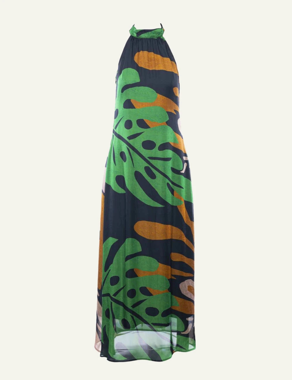 Anonyme midi dress green tropical print halter neck fitted waist front flat view