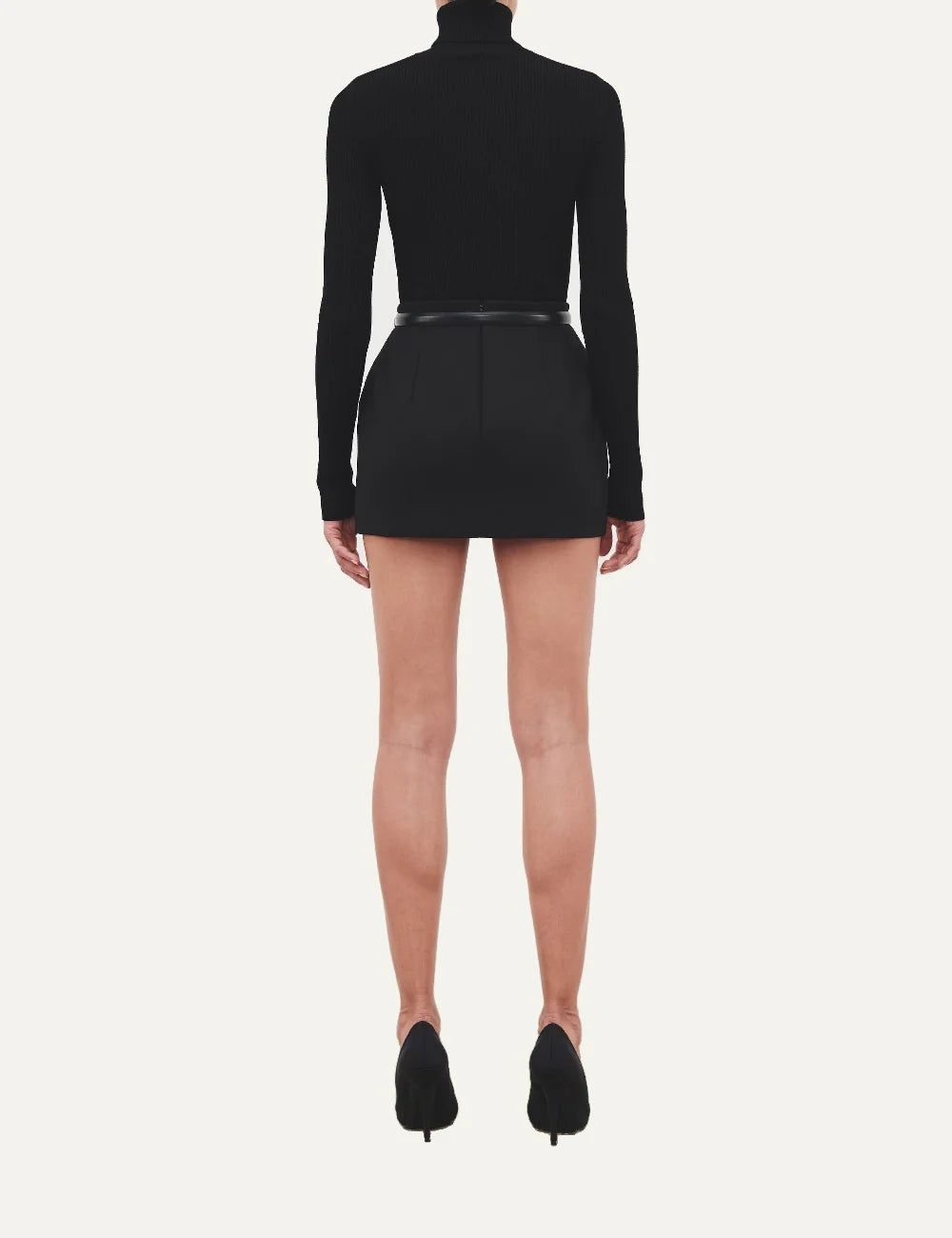Wardrobe NYC women's Contour Mini Skirt in black Italian virgin wool featuring a structured hourglass silhouette, fitted waist, elongated darts and mini length back