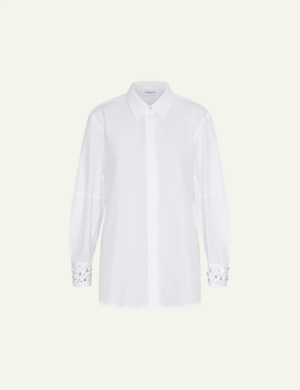 White Long Sleeve Shirt With Embellished Cuffs Front Flat
