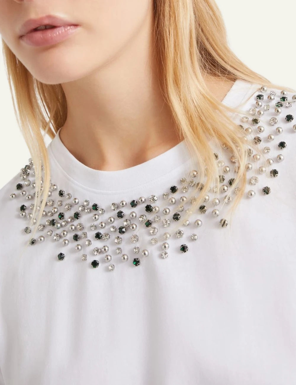 White Short Sleeve T-Shirt With Embellished Jewel Neckline detail