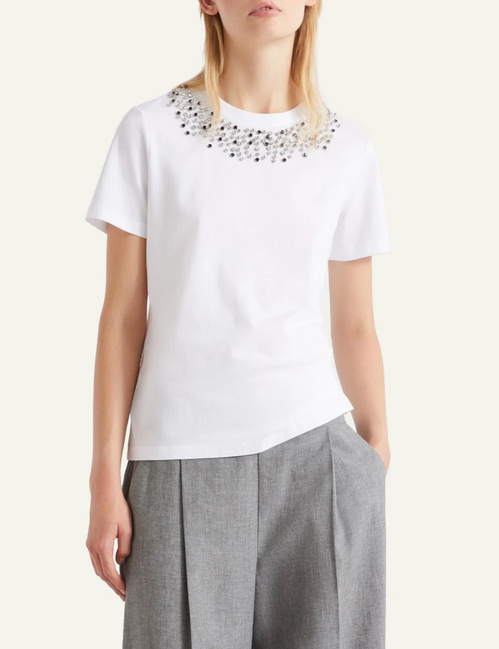 White Short Sleeve T-Shirt With Embellished Jewel Neckline Front model