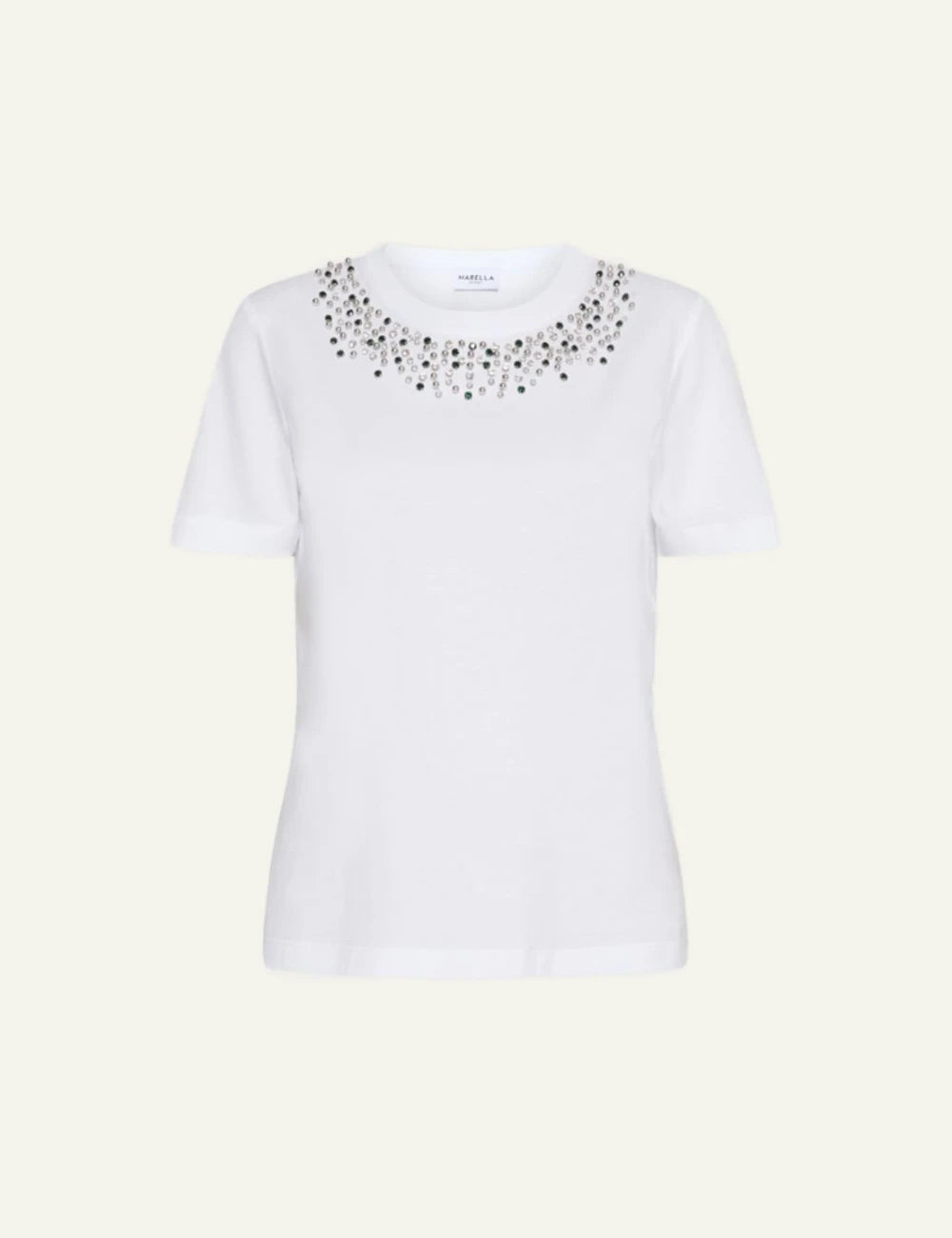 White Short Sleeve T-Shirt With Embellished Jewel Neckline Front Flat
