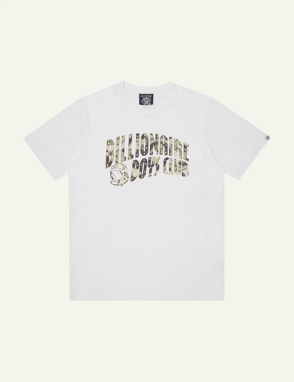 White T-Shirt With Billionaire Boys Club Camo Logo Print Front Flat View