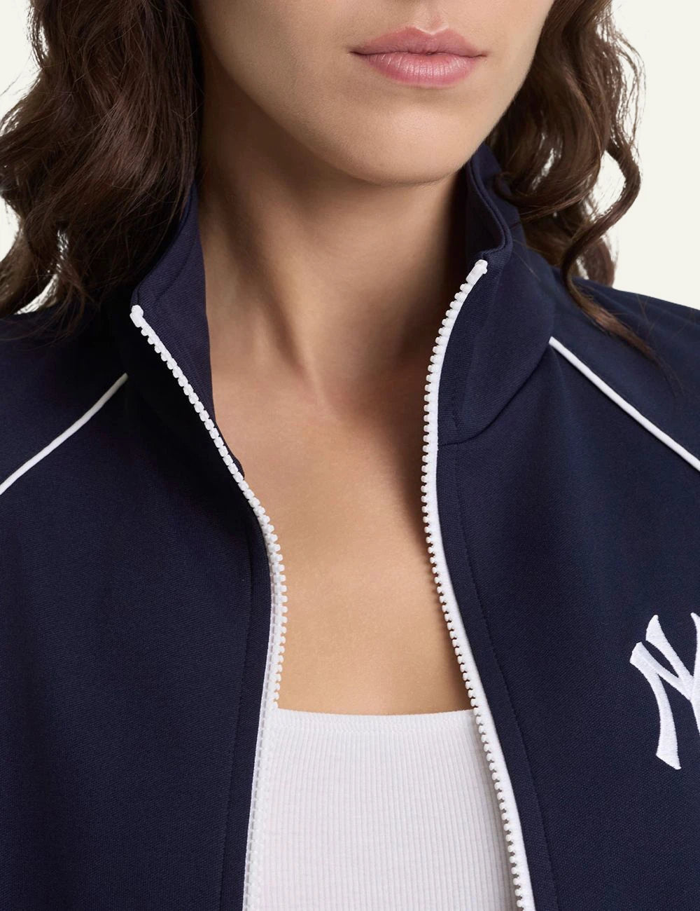 Sporty and Rich NY Yankees track jacket navy front detail view
