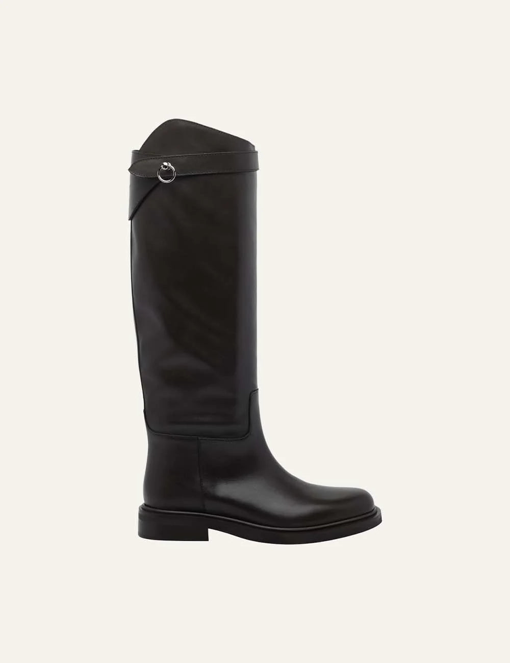 Women's black smooth leather knee-high boots with round toe, low block heel, asymmetric shaft and silver-tone ring strap detail.