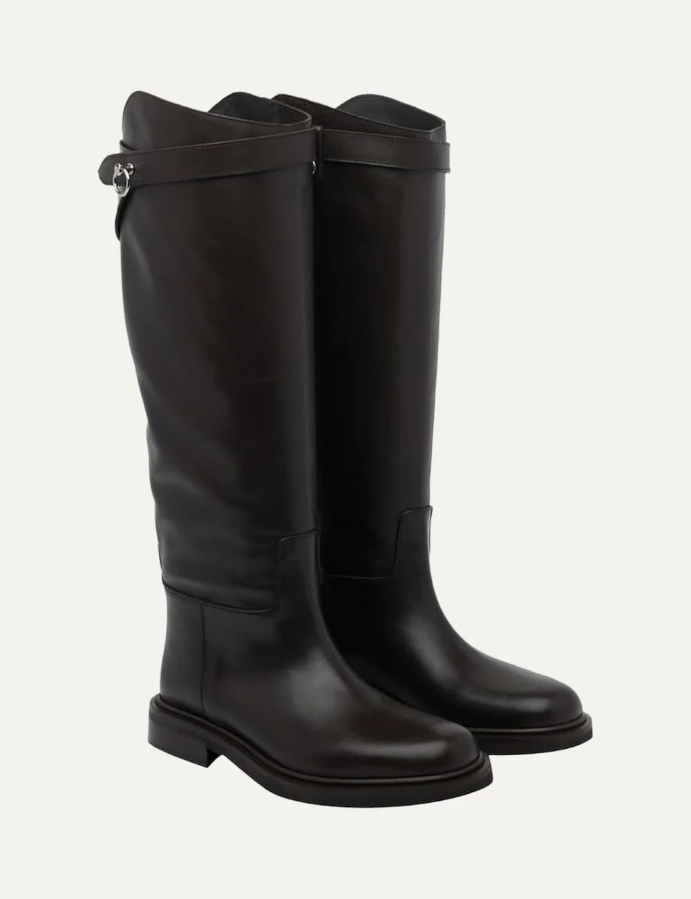 Women's black smooth leather knee-high boots with round toe, low block heel, asymmetric shaft and silver-tone ring strap detail side