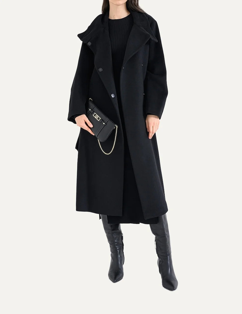 Women's black long wool-blend coat with wide lapel collar, front button fastening and elegant silhouette.