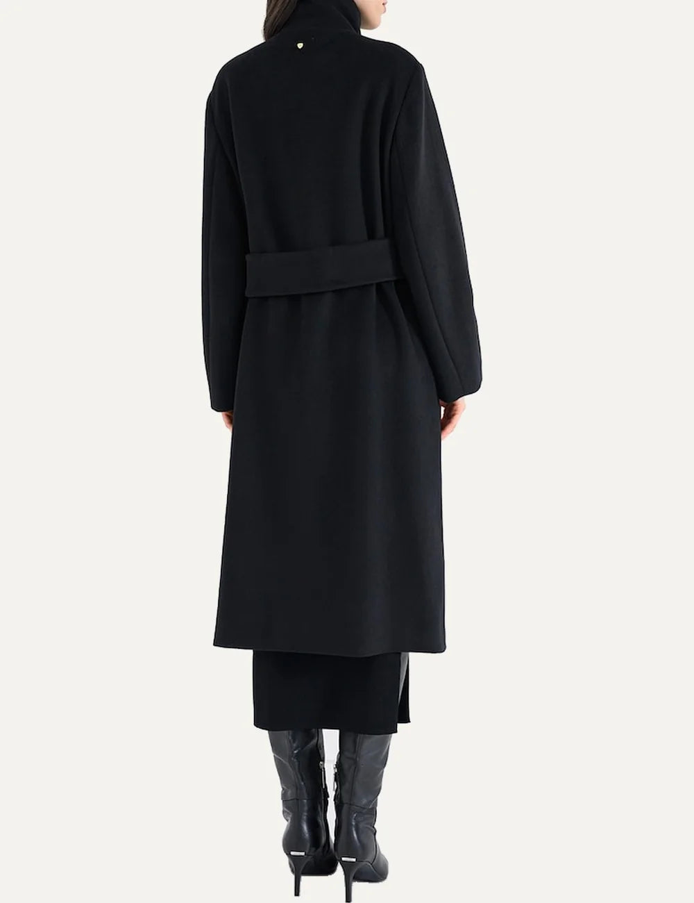 Women's black long wool-blend coat with wide lapel collar, front button fastening and elegant silhouette back