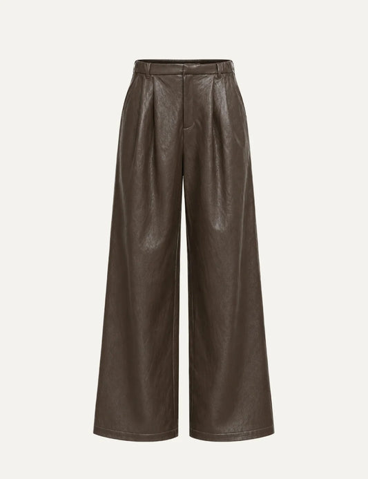 Women's brown faux leather wide-leg trousers with front pleats, belt loops and side pockets.