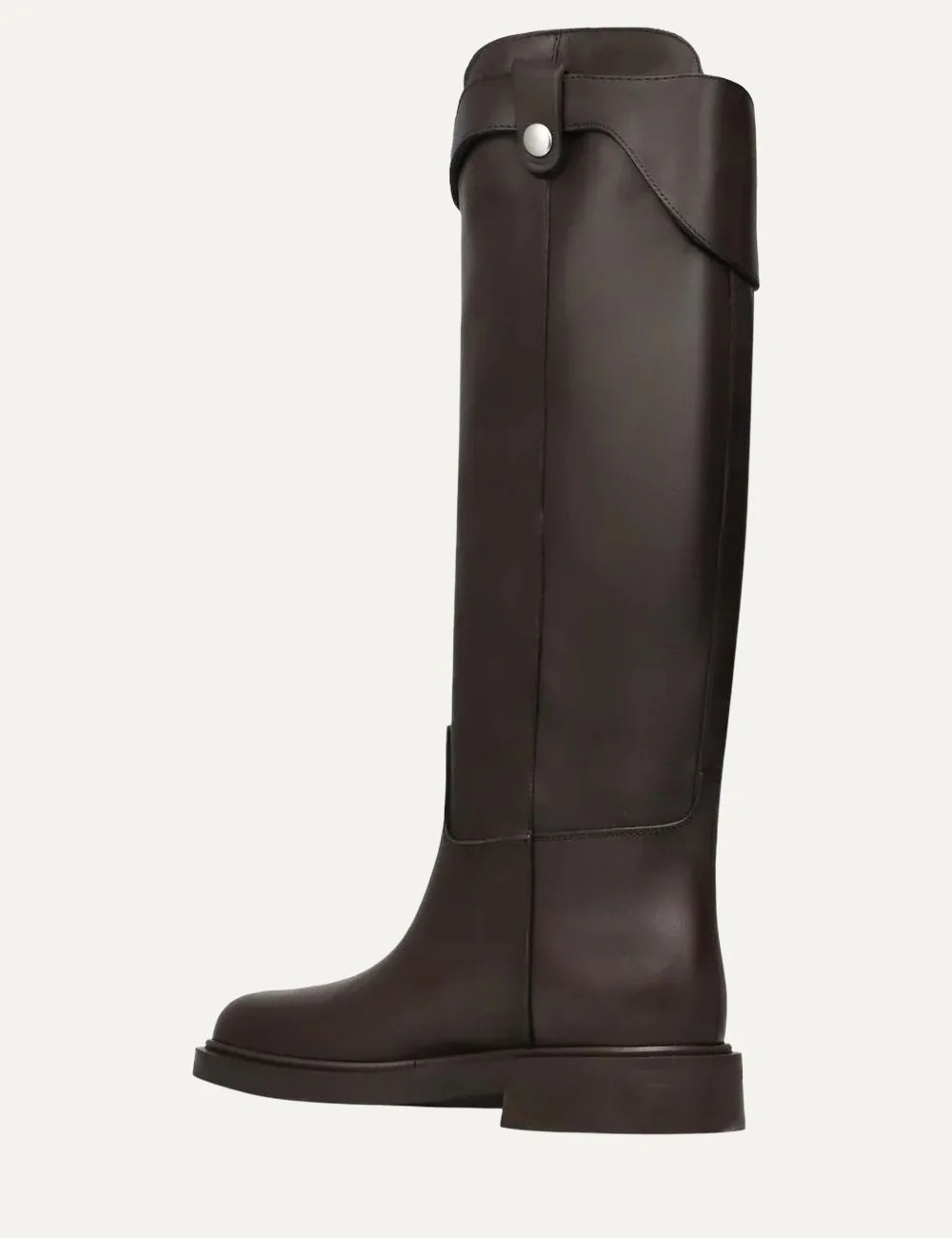 Women's dark brown smooth leather knee-high boots with round toe, low flat heel, asymmetric shaft and silver-tone ring strap detail back