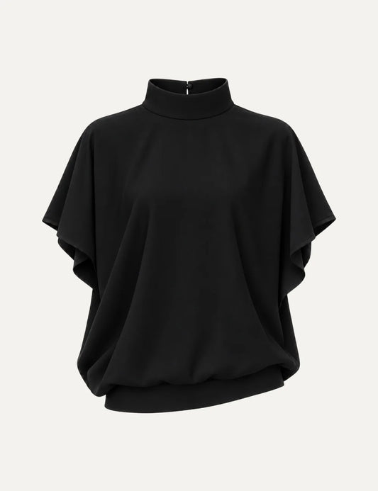 Women's Eleh black high-neck blouse with loose short sleeves, deep V-back opening and flowing cowl drape.