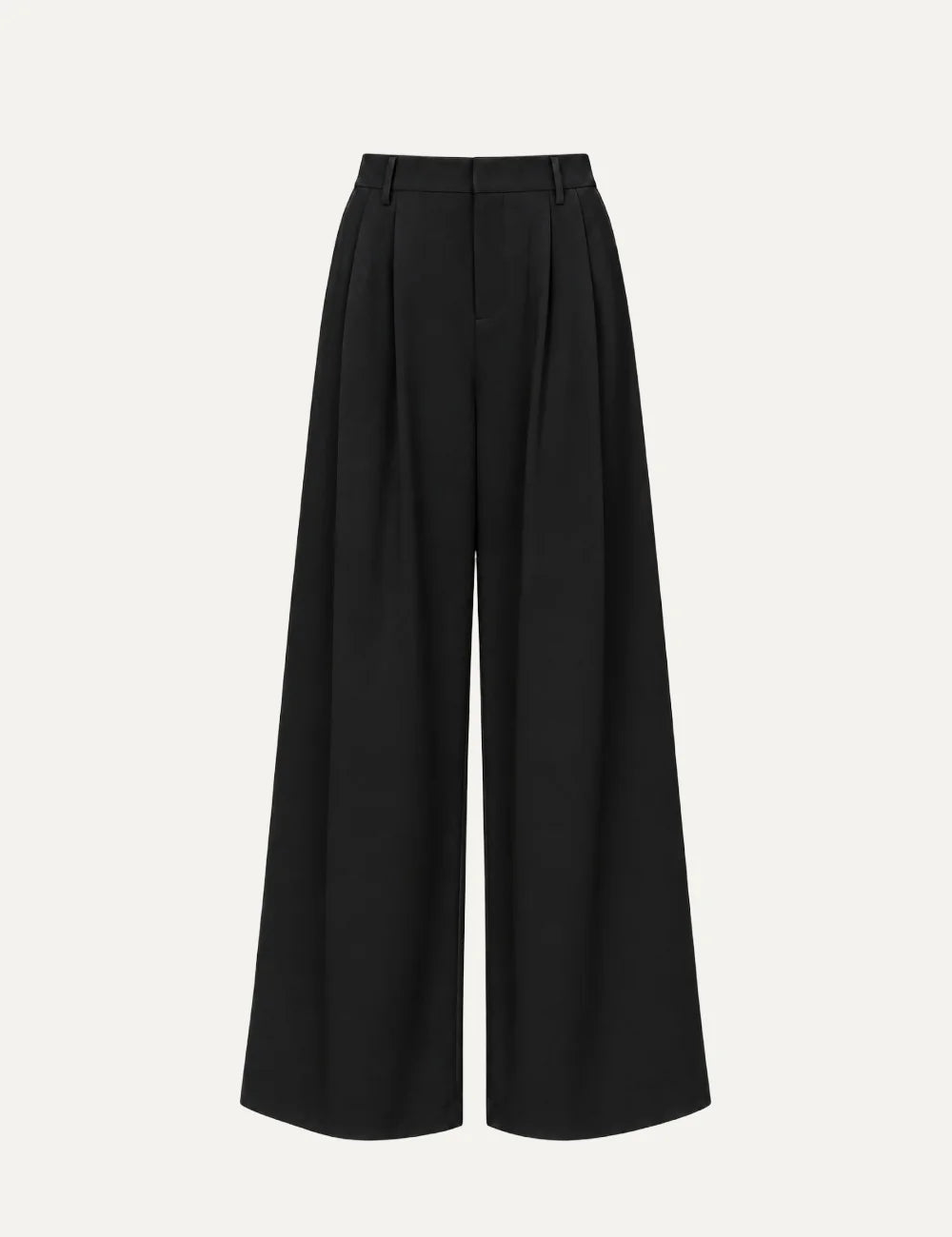 Women's Eleh black high-waisted wide-leg trousers with front pleats, belt loops and flowing silhouette.