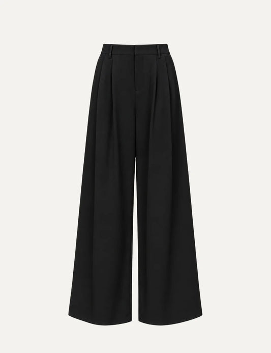 Women's Eleh black high-waisted wide-leg trousers with front pleats, belt loops and flowing silhouette.