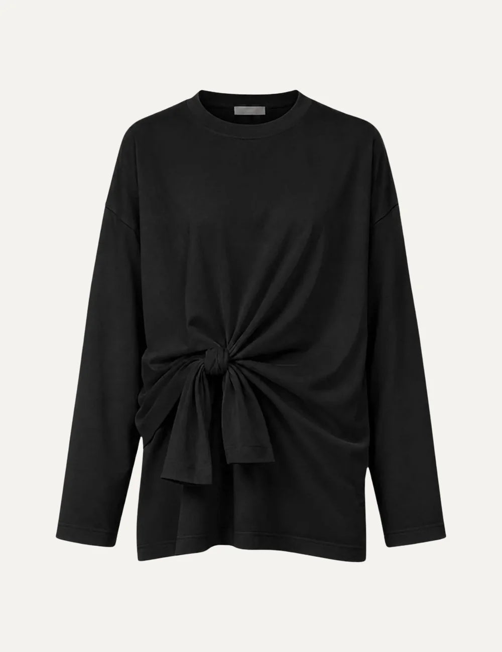 Women's Eleh black long-sleeve top with crew neck, dropped shoulders, front knot detail and draped waist.