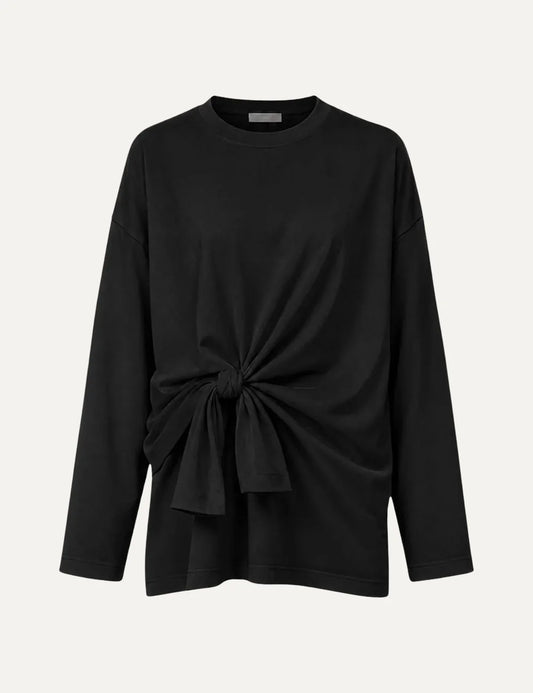 Women's Eleh black long-sleeve top with crew neck, dropped shoulders, front knot detail and draped waist.