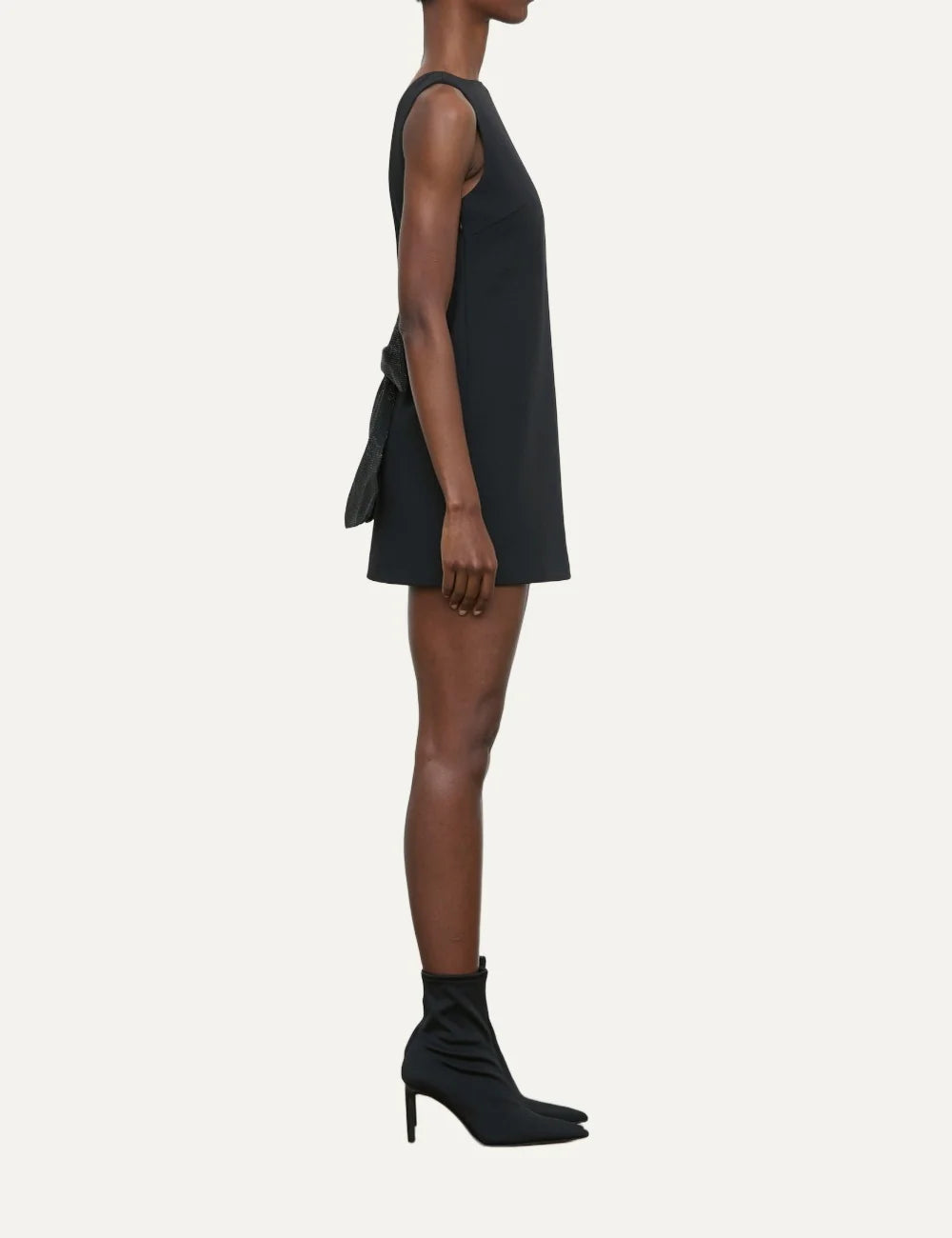 Women's Eleh black mini shift dress with deep V-back and oversized bow embellished with black rhinestones side