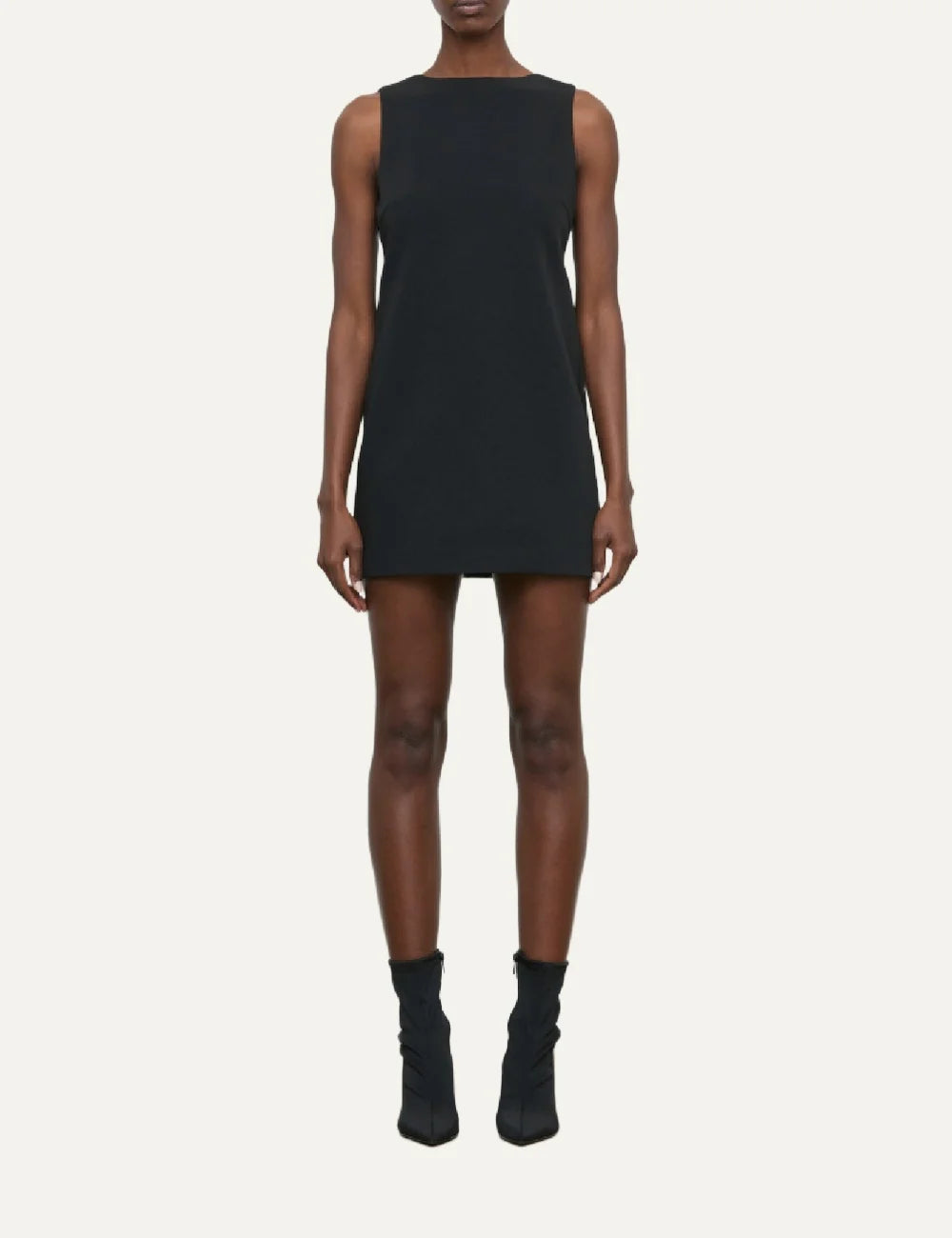 Women's Eleh black mini shift dress with deep V-back and oversized bow embellished with black rhinestones model