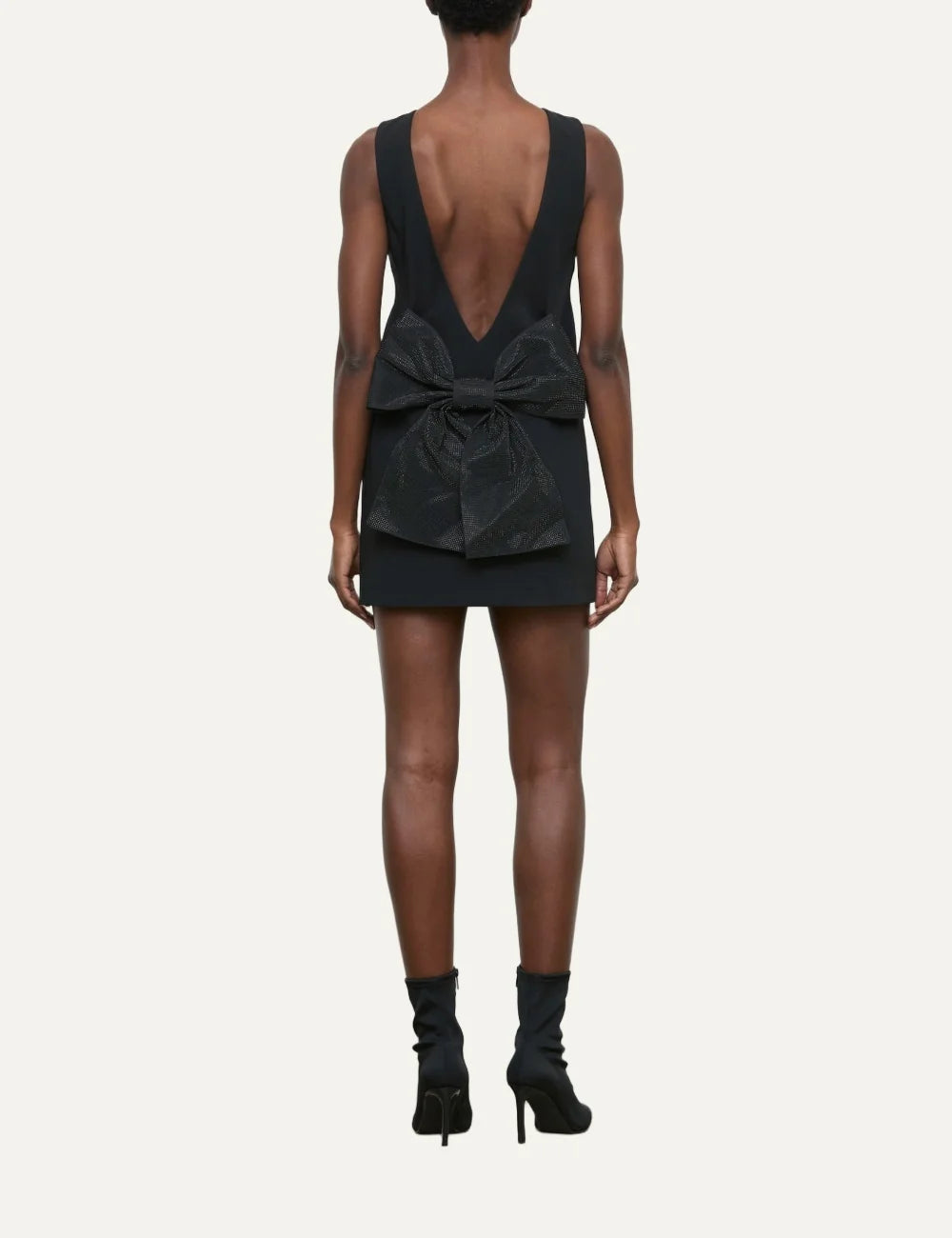 Women's Eleh black mini shift dress with deep V-back and oversized bow embellished with black rhinestones back