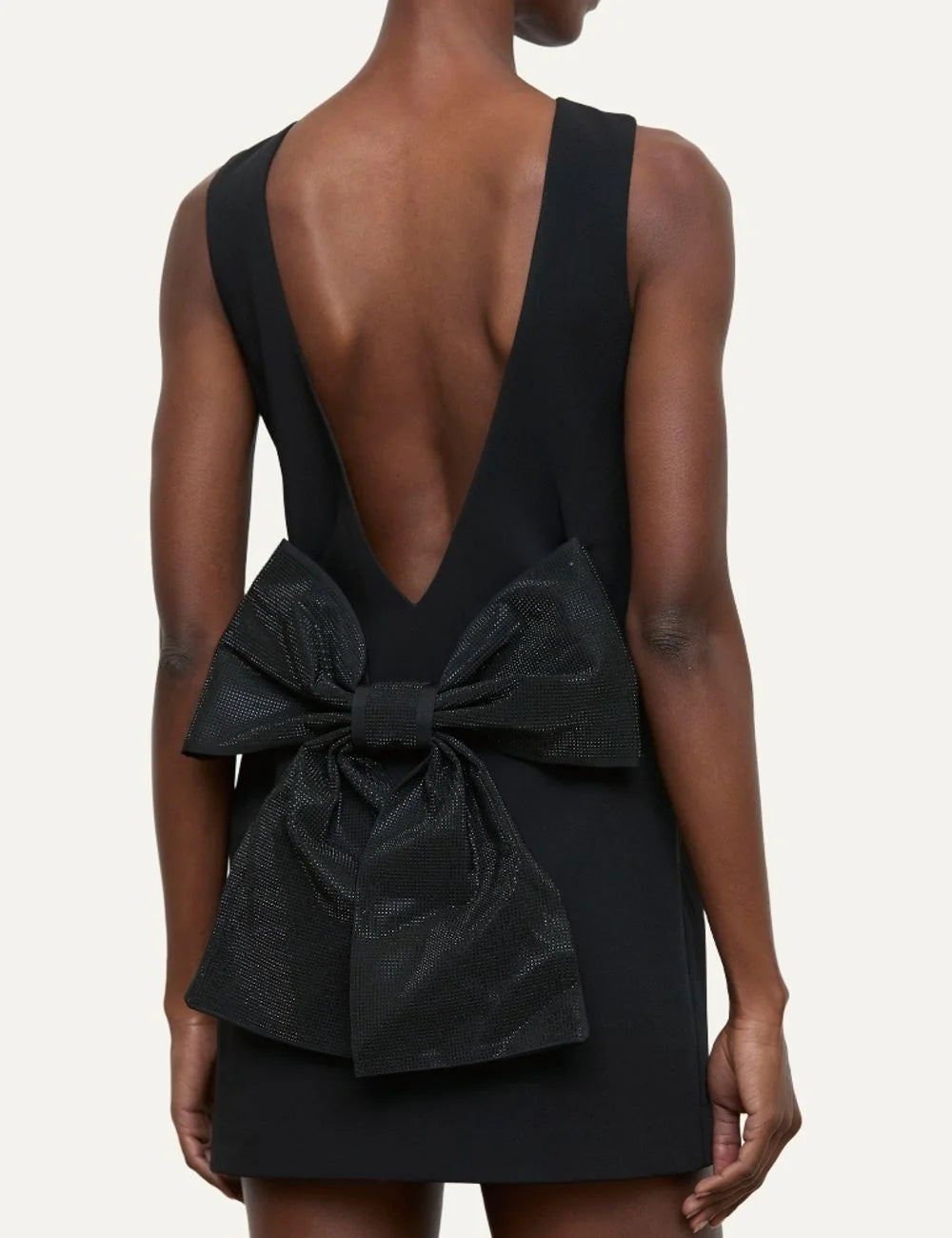 Women's Eleh black mini shift dress with deep V-back and oversized bow embellished with black rhinestones back