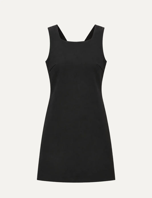 Women's Eleh black mini shift dress with deep V-back and oversized bow embellished with black rhinestones.