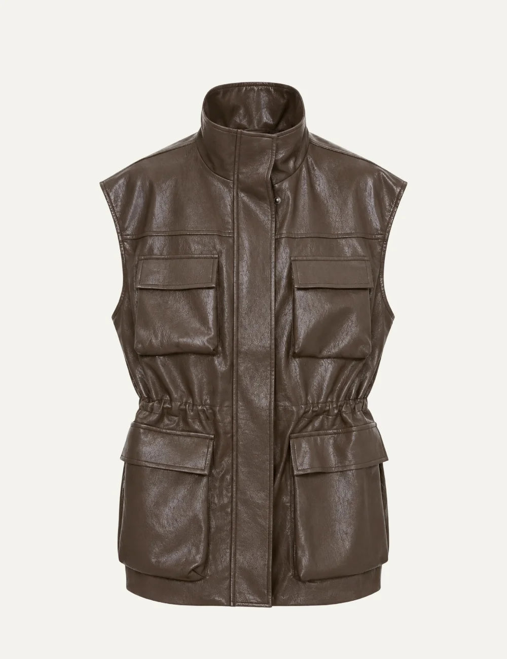 Women's Eleh brown faux leather oversized utility vest with stand collar, adjustable waist and four front flap pockets.