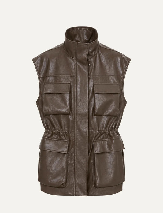 Women's Eleh brown faux leather oversized utility vest with stand collar, adjustable waist and four front flap pockets.
