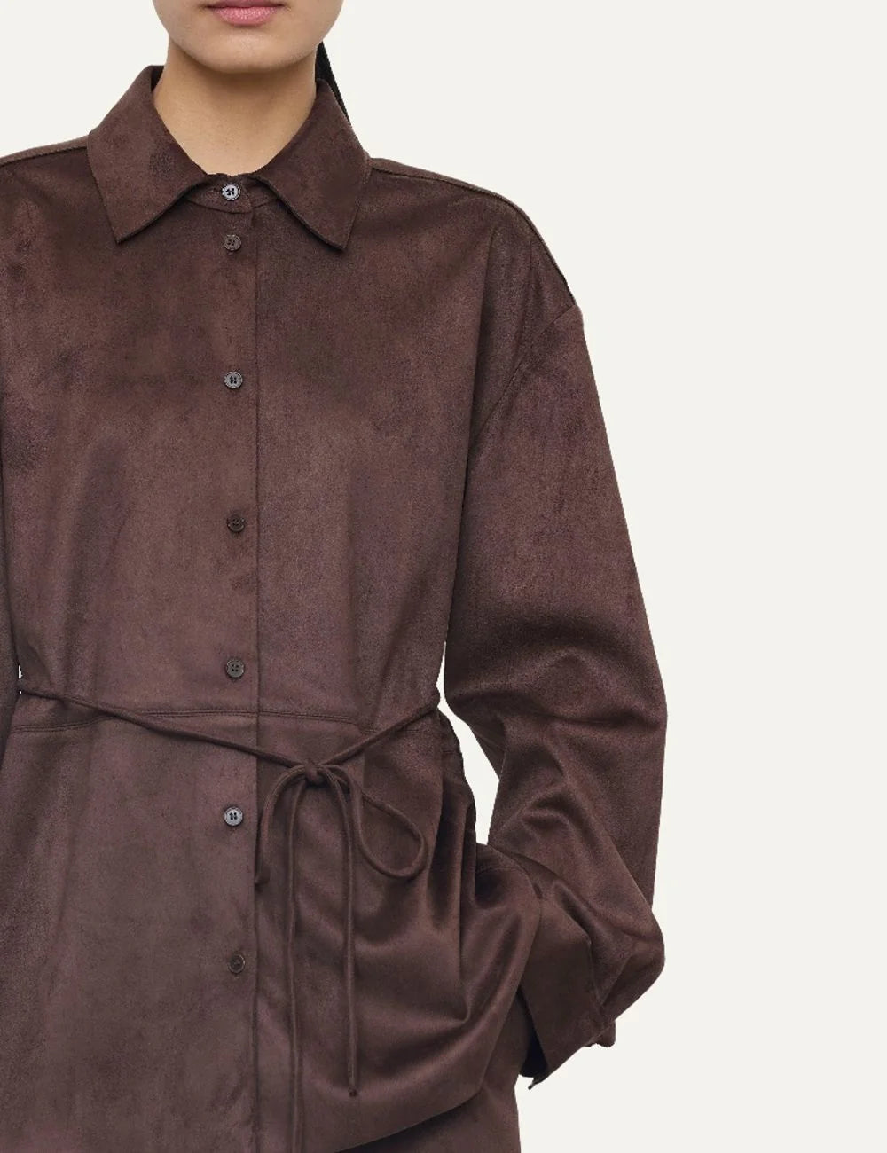 Women's Eleh brown faux suede oversized shirt with collar, front buttons, long sleeves and tie waist detail