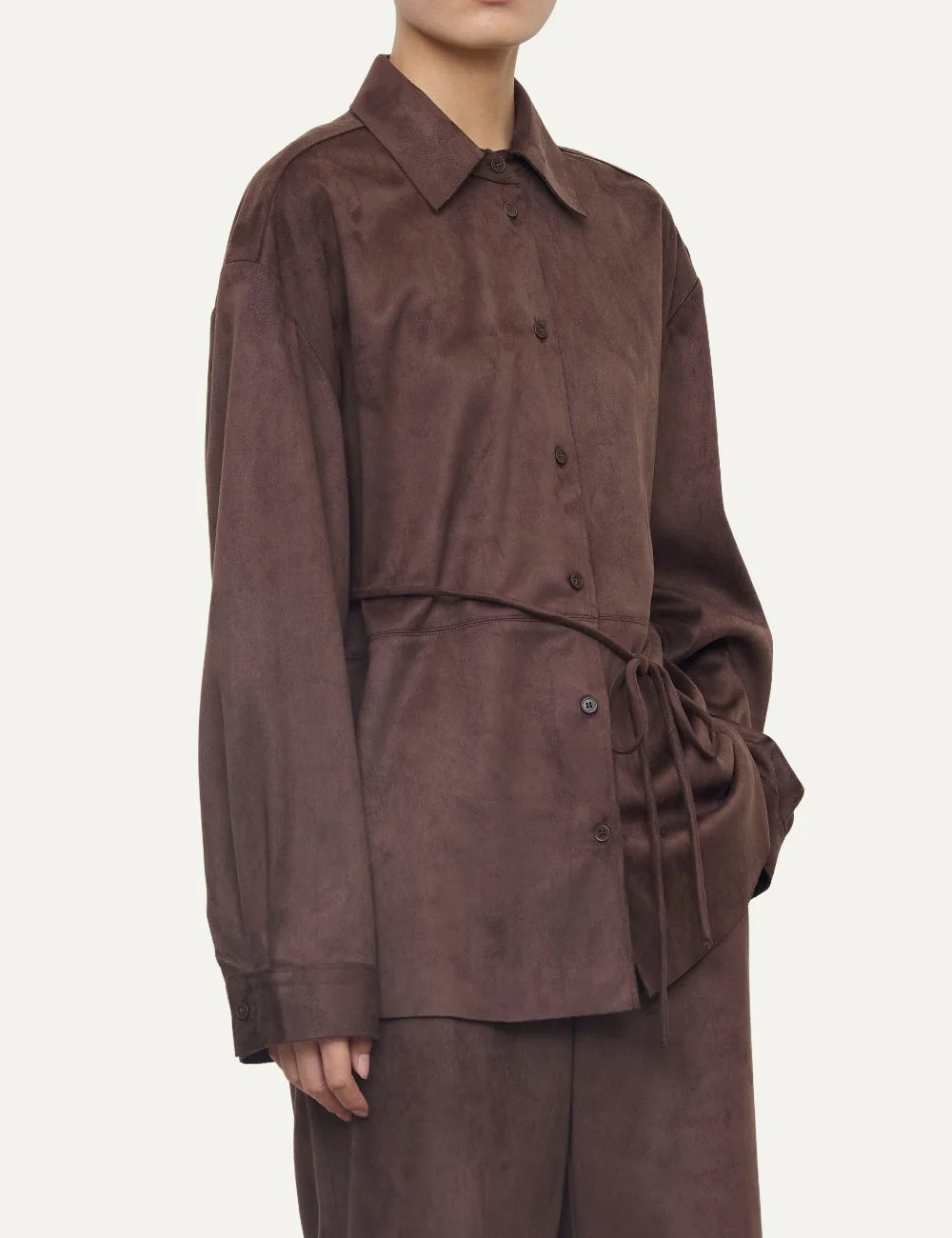 Women's Eleh brown faux suede oversized shirt with collar, front buttons, long sleeves and tie waist side