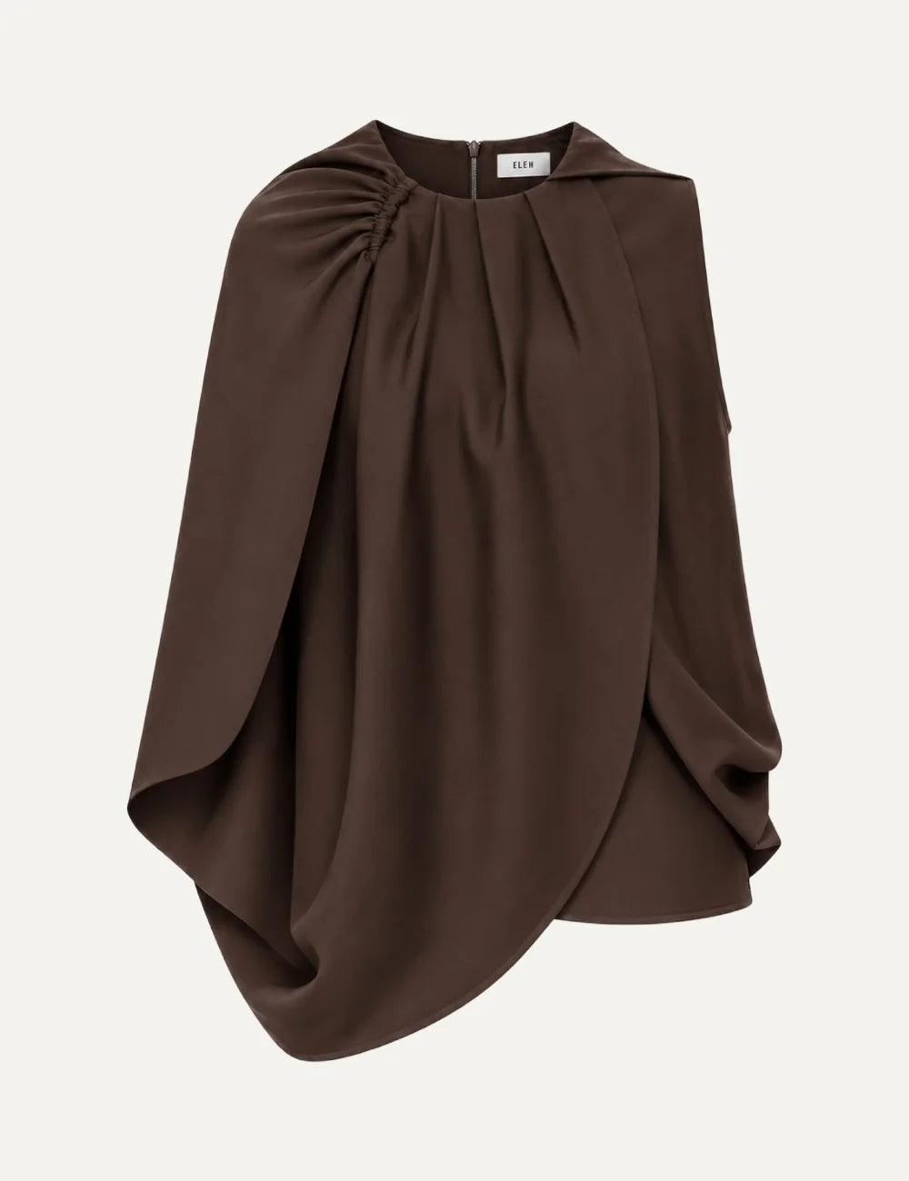 Women's Eleh chocolate brown sleeveless asymmetric satin top with gathered shoulder detail, flowing cape-style draping and uneven hem.