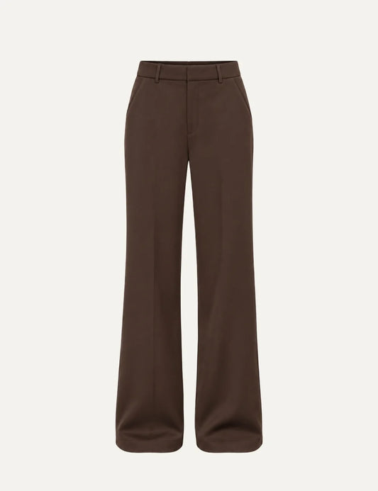 Women's Eleh chocolate brown high-waisted wide-leg trousers with belt loops, side pockets and front creases.