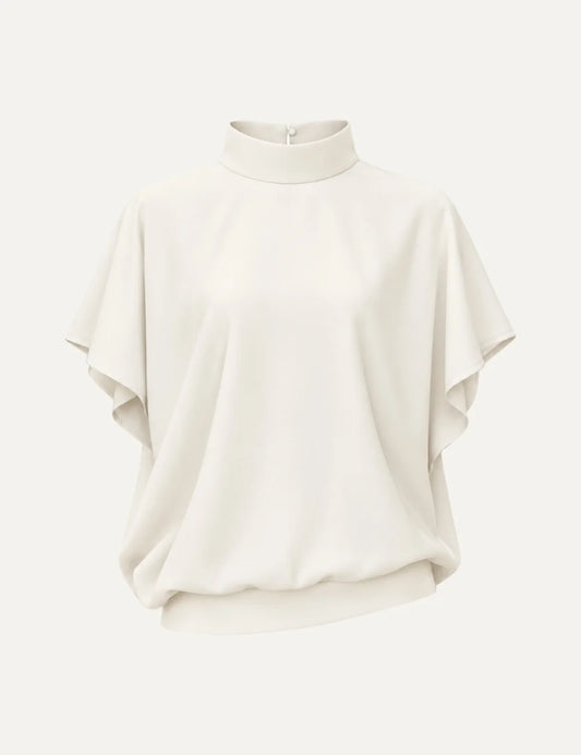 Women's Eleh ecru high-neck blouse with loose short sleeves, flowing draped silhouette and deep V-back opening.