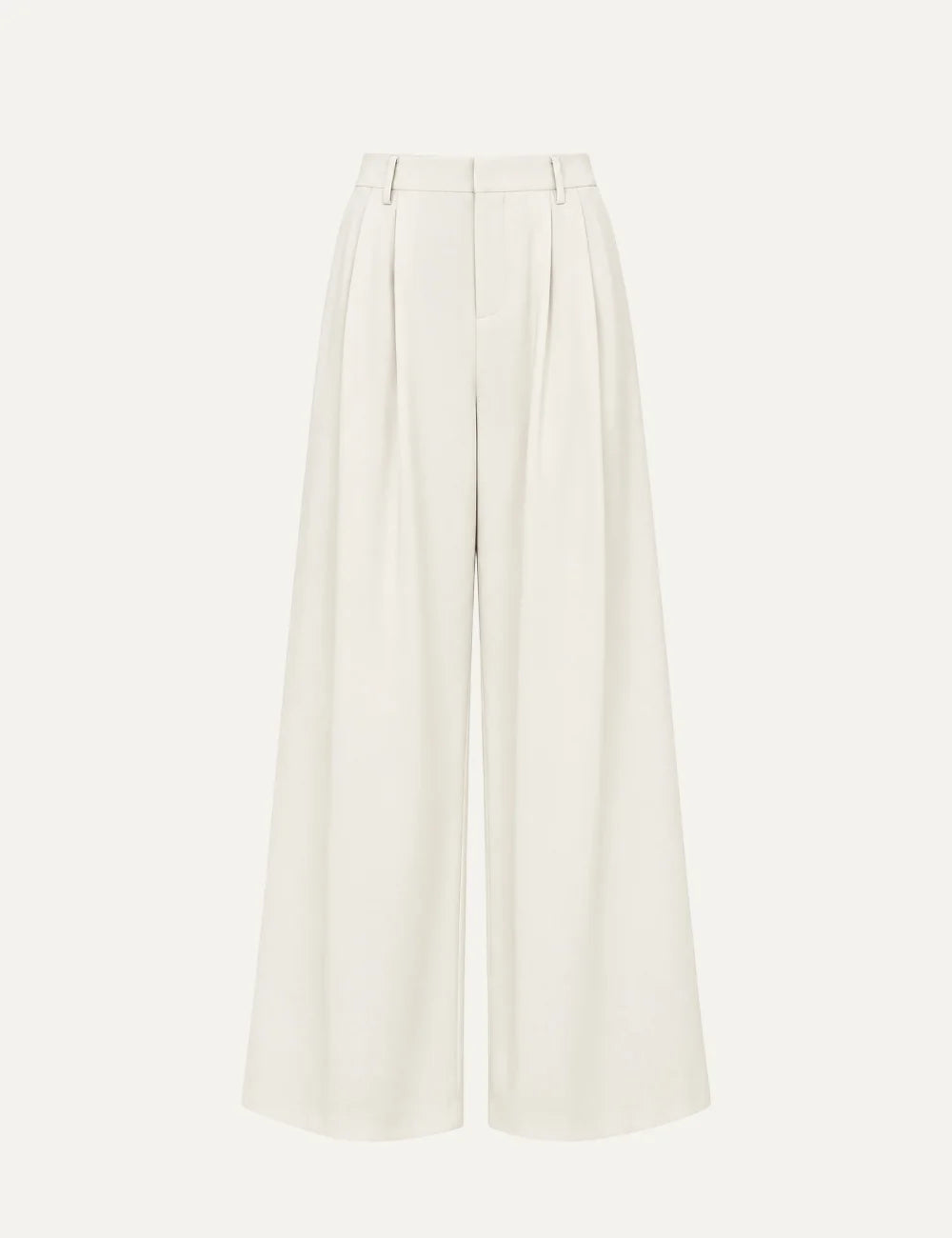 Women's Eleh ecru high-waisted wide-leg trousers with front pleats, belt loops and flowing silhouette.