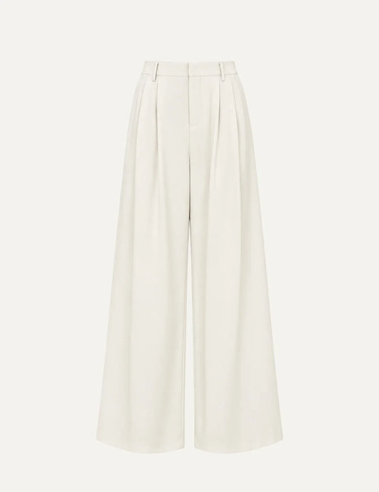 Women's Eleh ecru high-waisted wide-leg trousers with front pleats, belt loops and flowing silhouette.