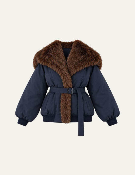 Women's Eleh navy blue oversized jacket with brown faux fur collar, fur-trimmed front, puff sleeves and belted waist.