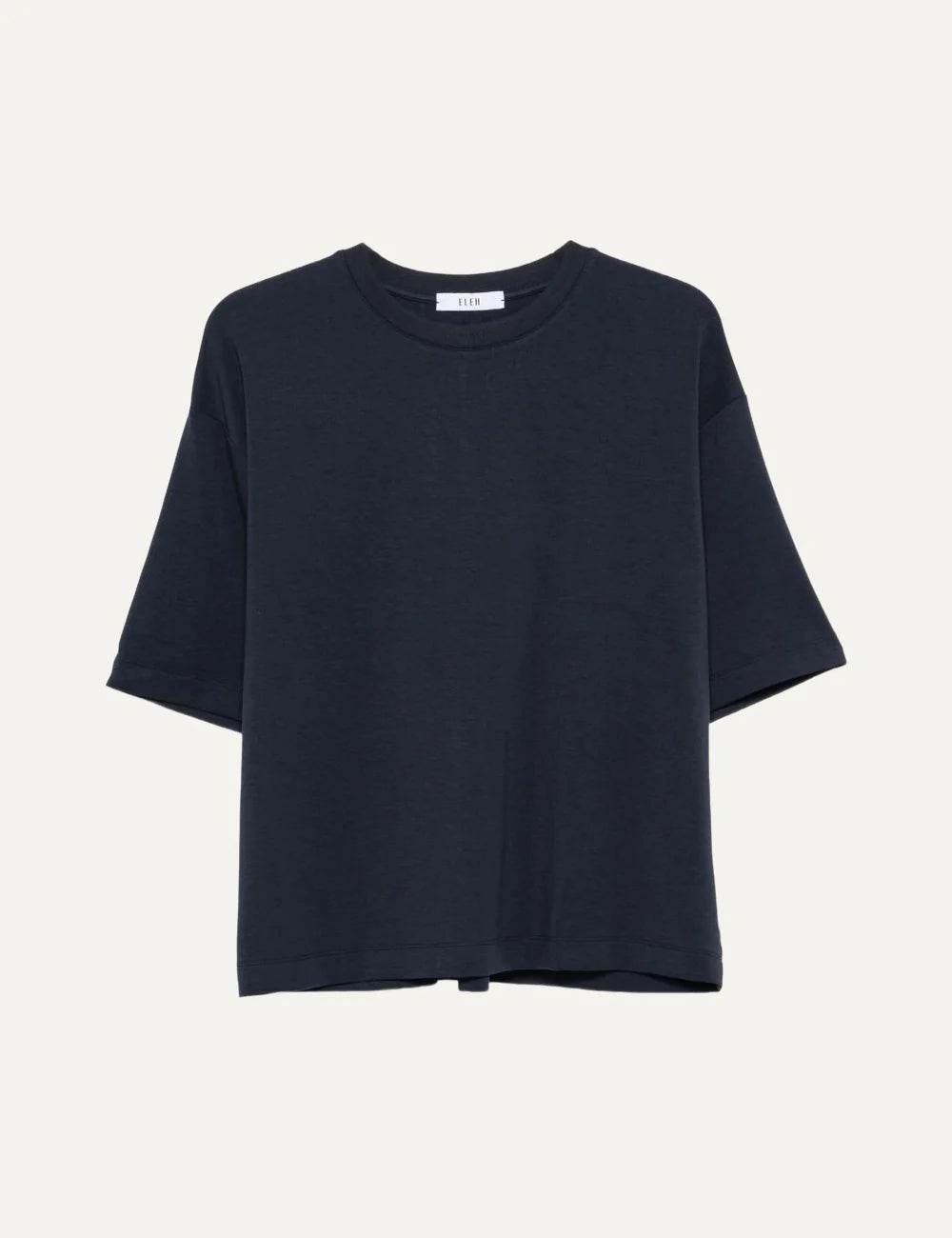 Women's Eleh navy blue oversized T-shirt with crew neck, short sleeves, dropped shoulders and back pleat detail.
