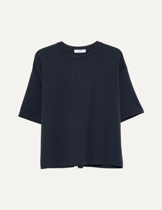 Women's Eleh navy blue oversized T-shirt with crew neck, short sleeves, dropped shoulders and back pleat detail.